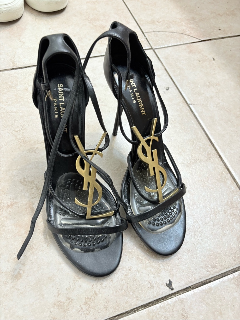 Saint Laurent Black Leather Heeled Sandals with Gold YSL Logo